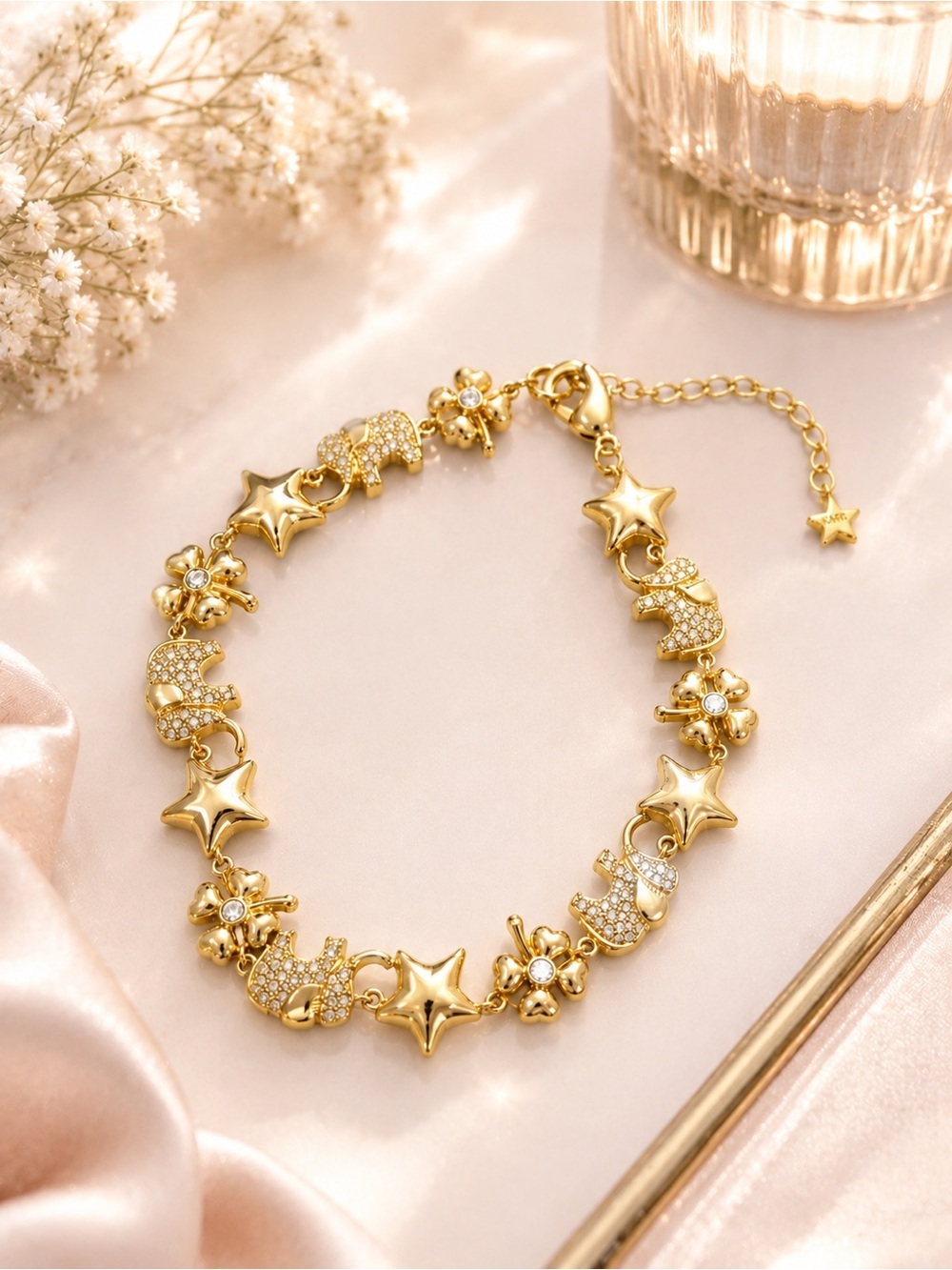 ✨ Gold Tone Elephant Star & Flower Charm Bracelet | Crystal Accents - Picture 1 of 2